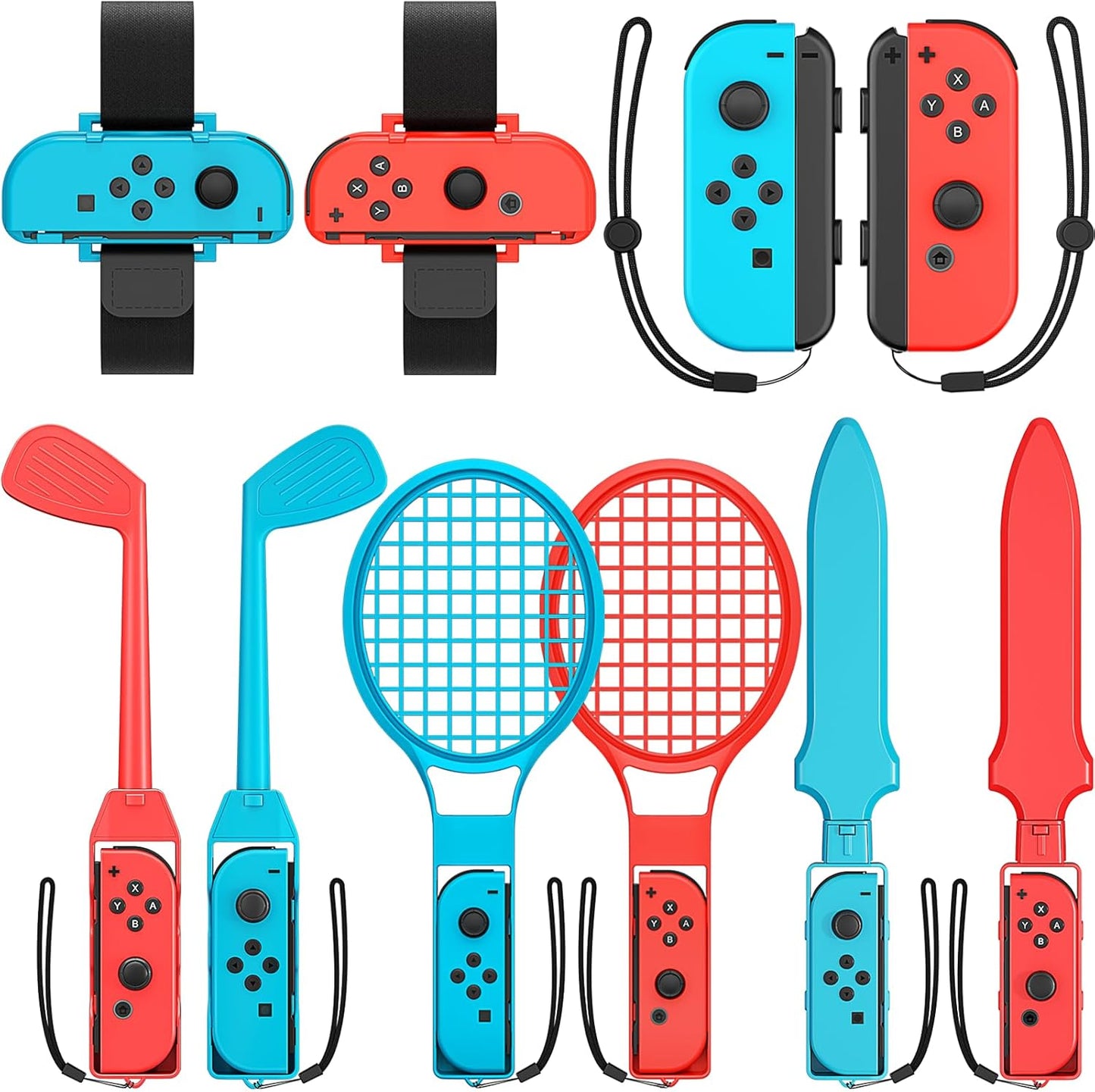 10 in 1 Switch Sports Accessories Bundle Set for Nintendo Switch/ OLED Games, Switch Sports Games Accessories Kit, Family Party Pack Game Accessories Set for Switch OLED Sports Games(Blue&Red)